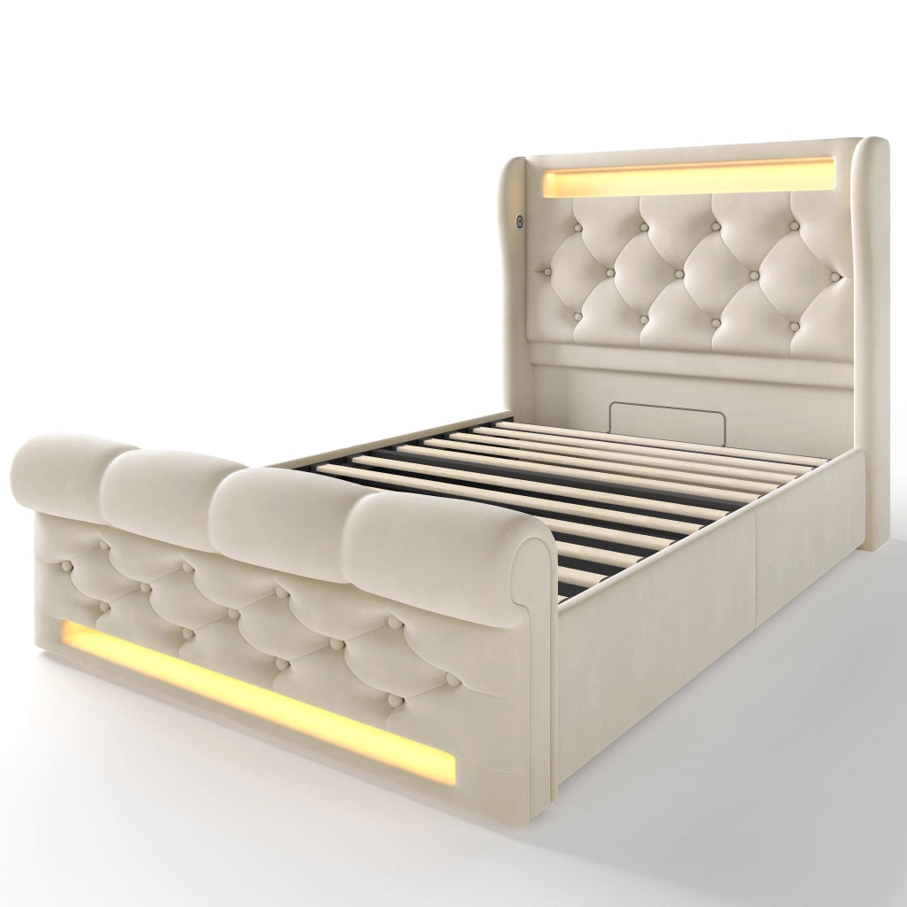 Letto singolo imbottito 90x200 cm in velluto beige con LED, USB-C, contenitore idraulico