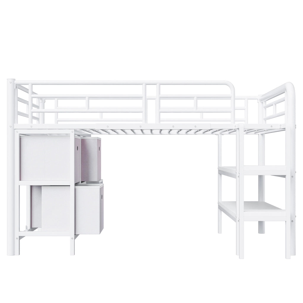 Letto a soppalco basso per bambini 90x200 cm con scale, MDF e metallo bianco