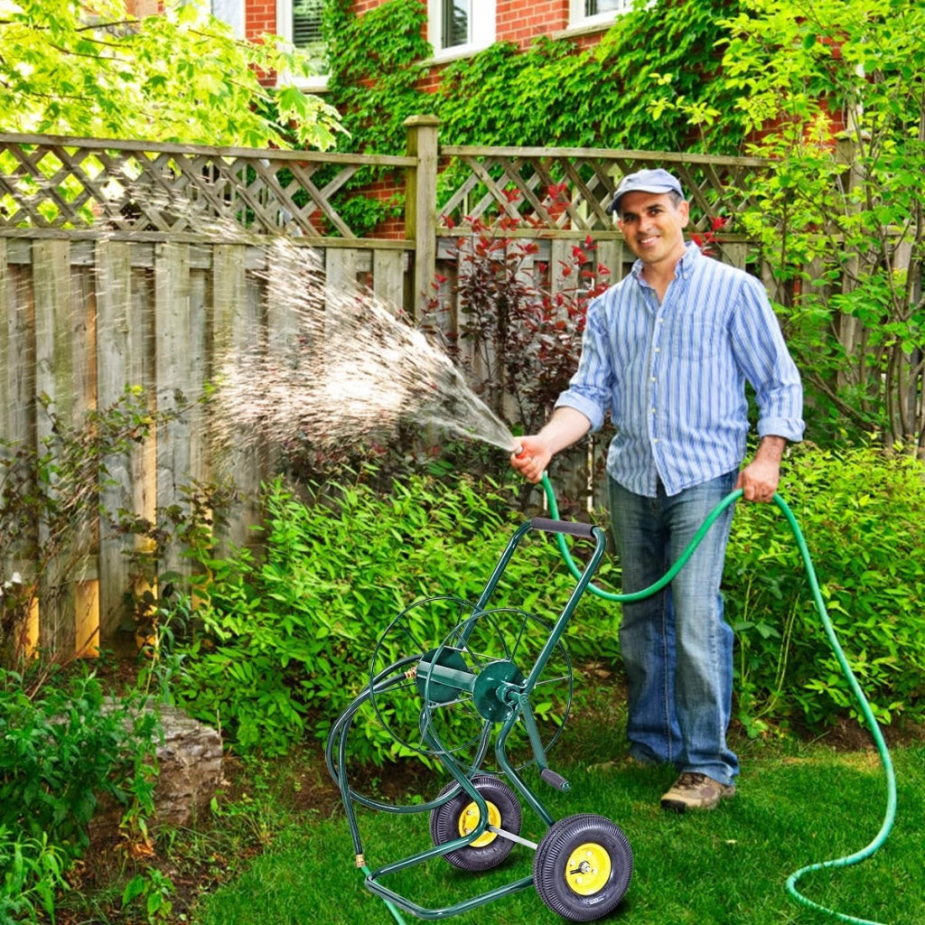 Carrello Avvolgitubo da Giardino, Carrello per Tubo di Irrigazione in Metallo con 2 Ruote Pneumatiche di Grandi Dimensioni, per Giardino e Cortile, 71 x 53 x 96,5 cm