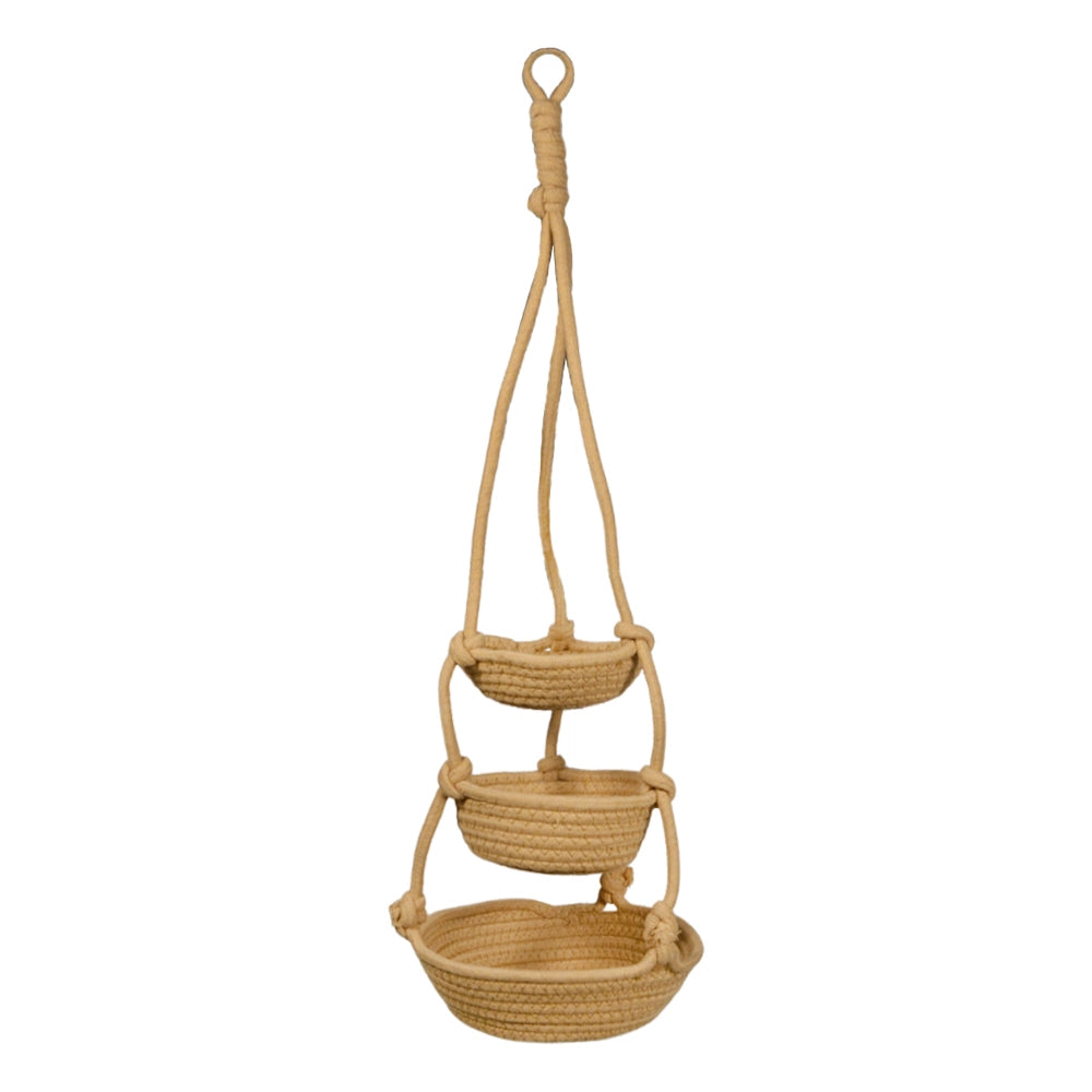 Vaso Pensile Triplo in Corda Beige Porta Piante Sospeso h70 cm