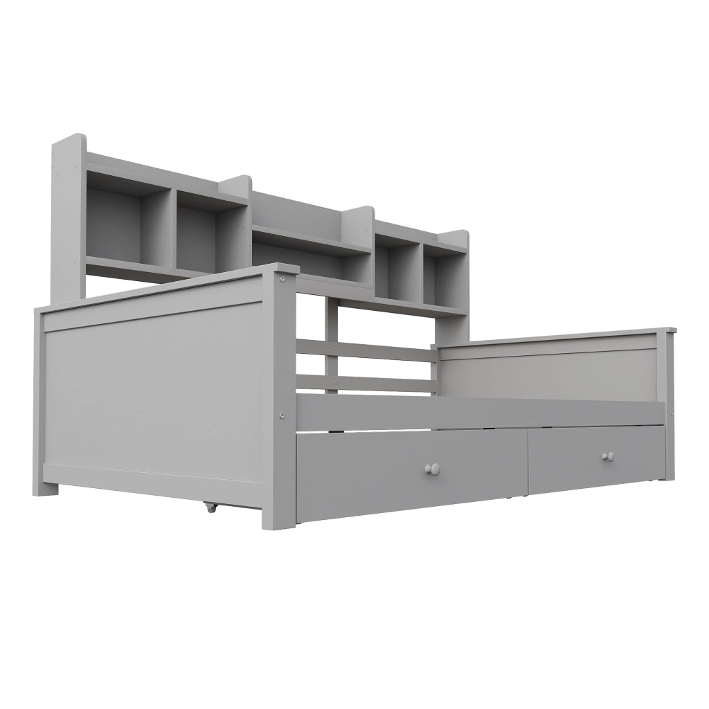 Letto a Divanetto 90x200 cm; Letto Singolo; Cassetti e Mensole in Legno Grigio