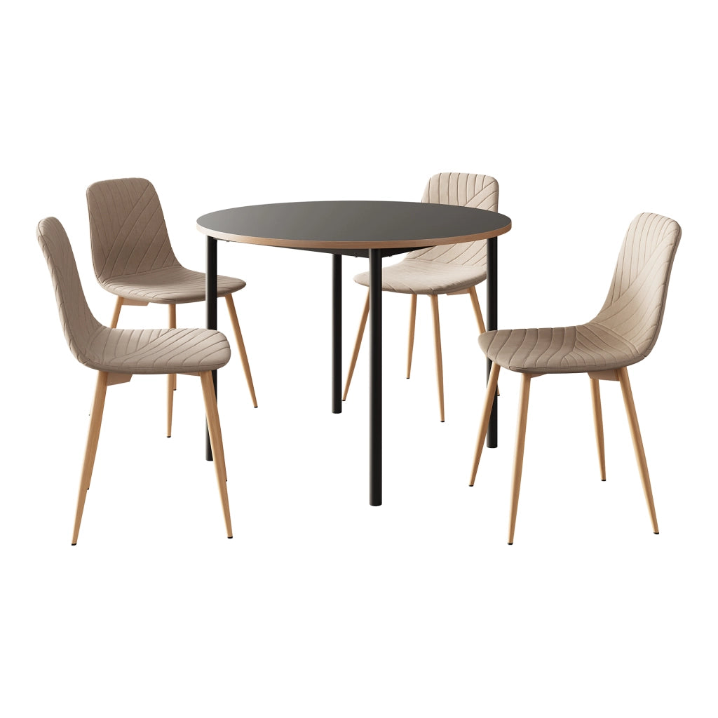 Set da Pranzo Lindesberg Tavolo Ø100 cm Grigio e 4 Sedie Tessuto Marrone Chiaro [en.casa]