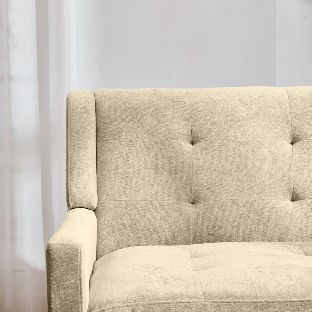 Banca 2 posti in lino trapuntato con cuscino in schiuma ad alta densità e gambe in legno massello beige