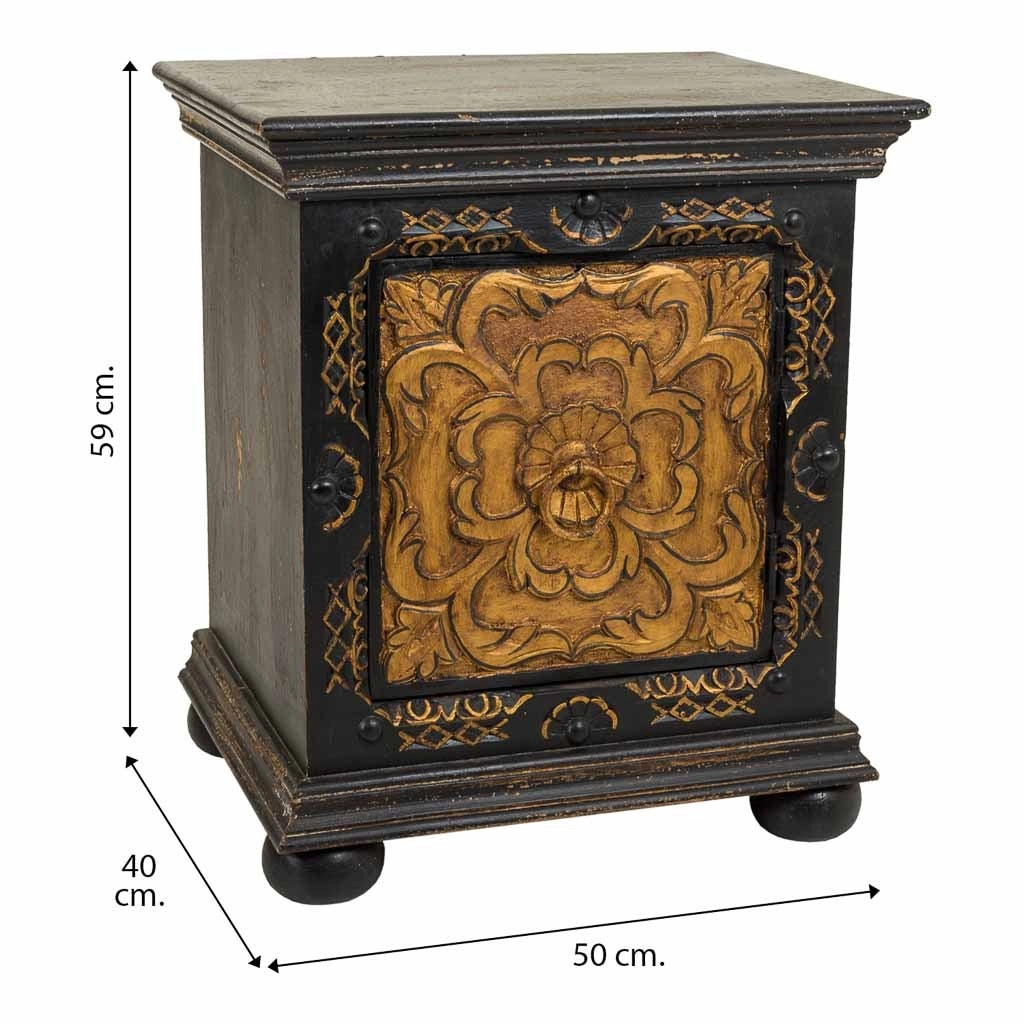 Comodino in legno intagliato nero 50x40x59