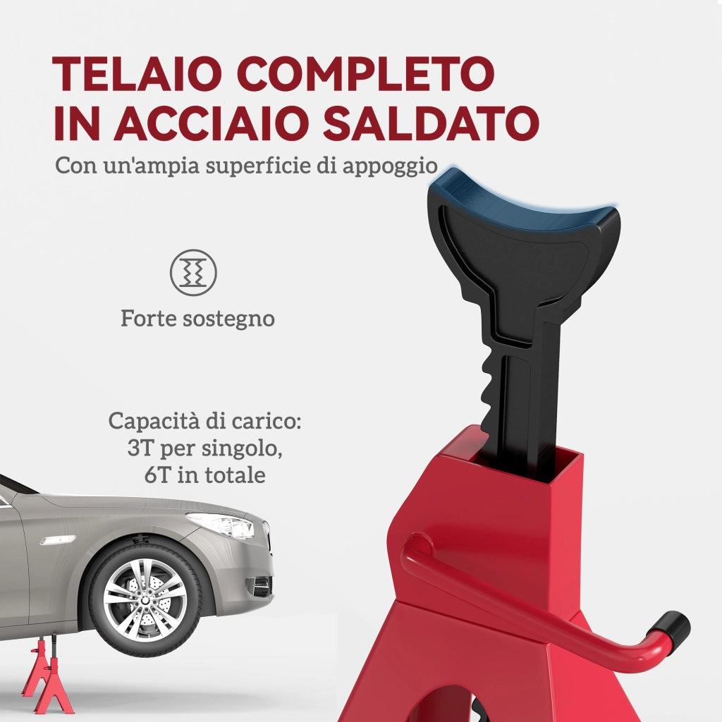Set 2 Cavalletti Auto 3 Tonnellate di Capacità Altezza 29-42,5 cm Acciaio al Carbonio e Ghisa Rosso