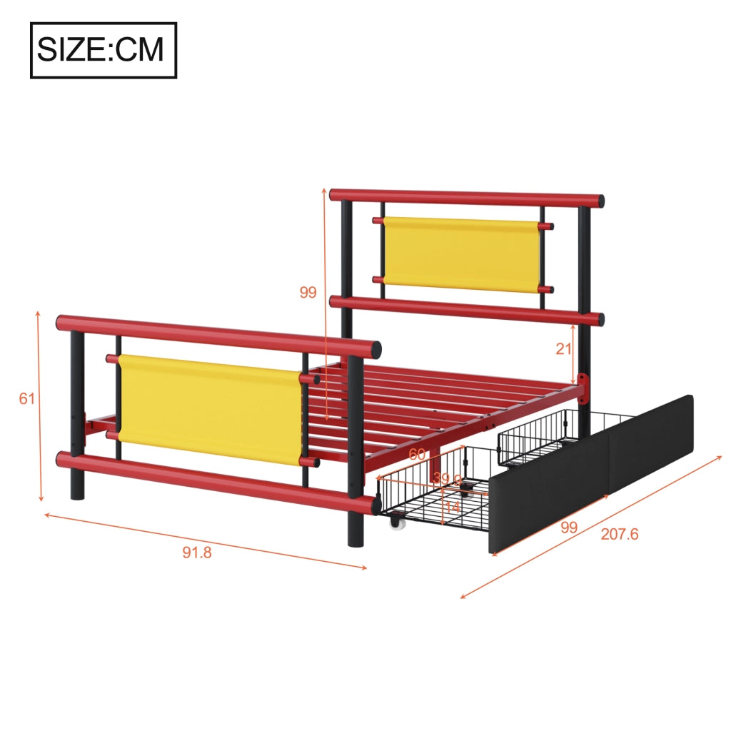 LETTO per bambini 90x200 cm in metallo rosso con cassetti