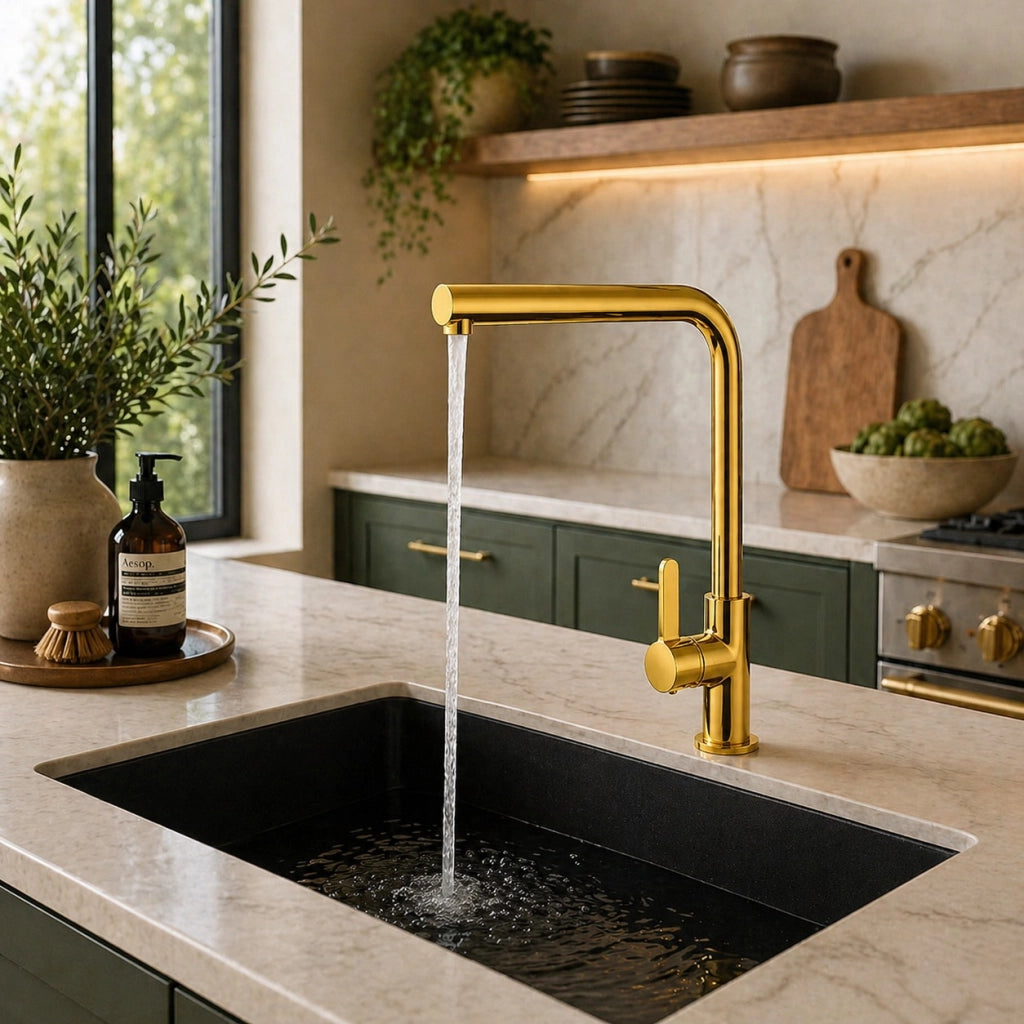 Rubinetto Cucina Oro Lucido Canna Alta Quadrata Girevole Miscelatore Lavello 94028