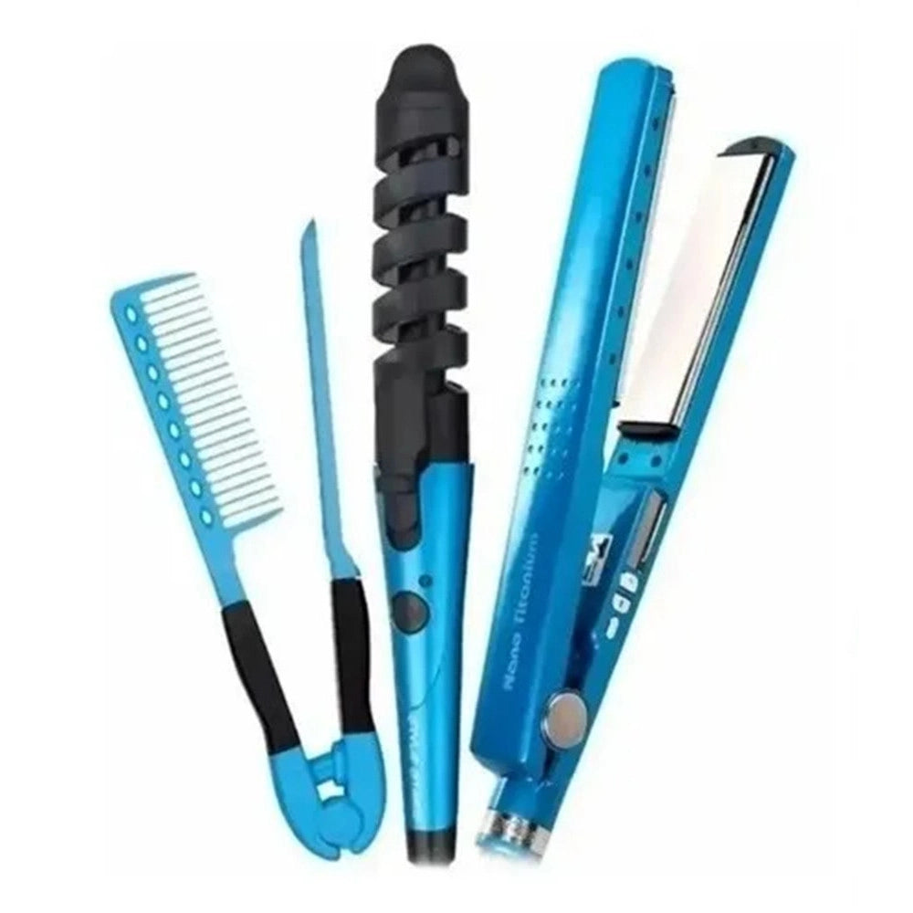 Trade Shop - Set Piastra 3in1 Per Capelli In Nano Titanio Ceramica Con Ferro Arricciacapelli Pettine -