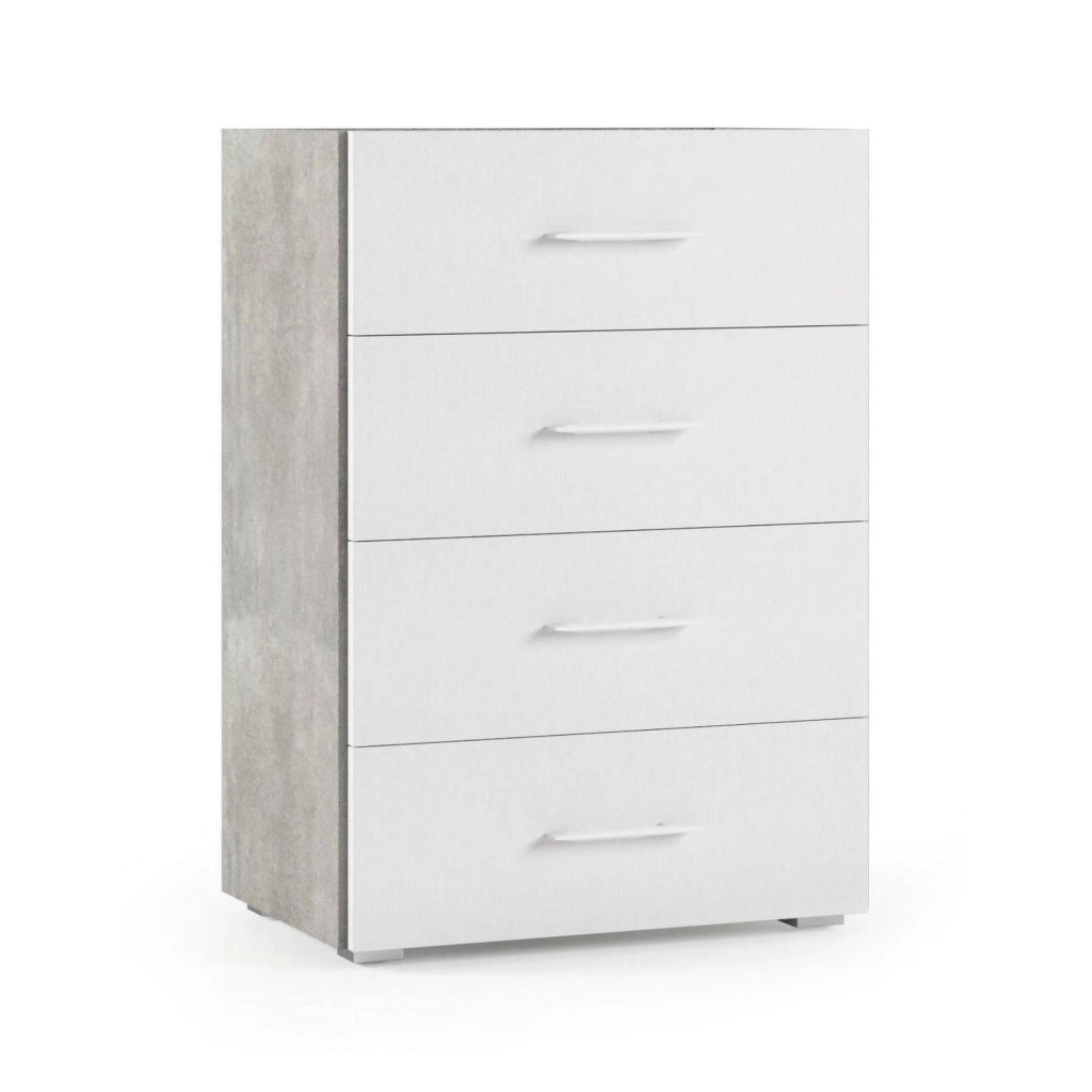 Cassettiera Solano, Settimanale a 4 cassetti per camera da letto, Mobiletto multiuso da ufficio o studio, Cm 60x41h87, Cemento e Bianco
