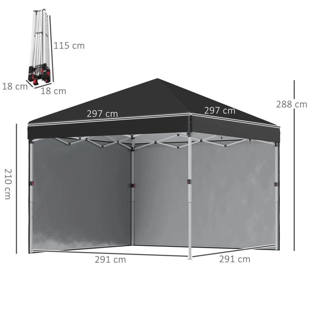 Gazebo pieghevole con 2 pareti laterali ¨C zephmum ¨C 3x3 m, nero, acciaio inox