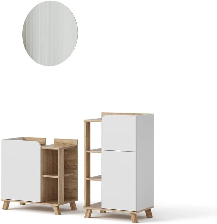 Set di mobili da bagno Karen, Sonoma/Bianco, 60 cm, composto da mobile sottolavabo, specchiera e mobile medio