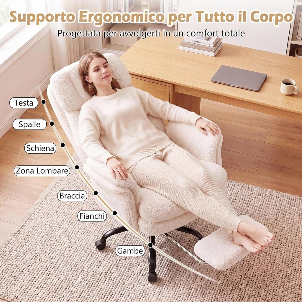 Sedia da Ufficio Ergonomica, Portata 150 kg (Bianco) | Sedia Scrivania con Rotelle Girevole, Braccioli Regolabili su 5 Livelli e Poggiapiedi Retrattile, per Casa e Ufficio