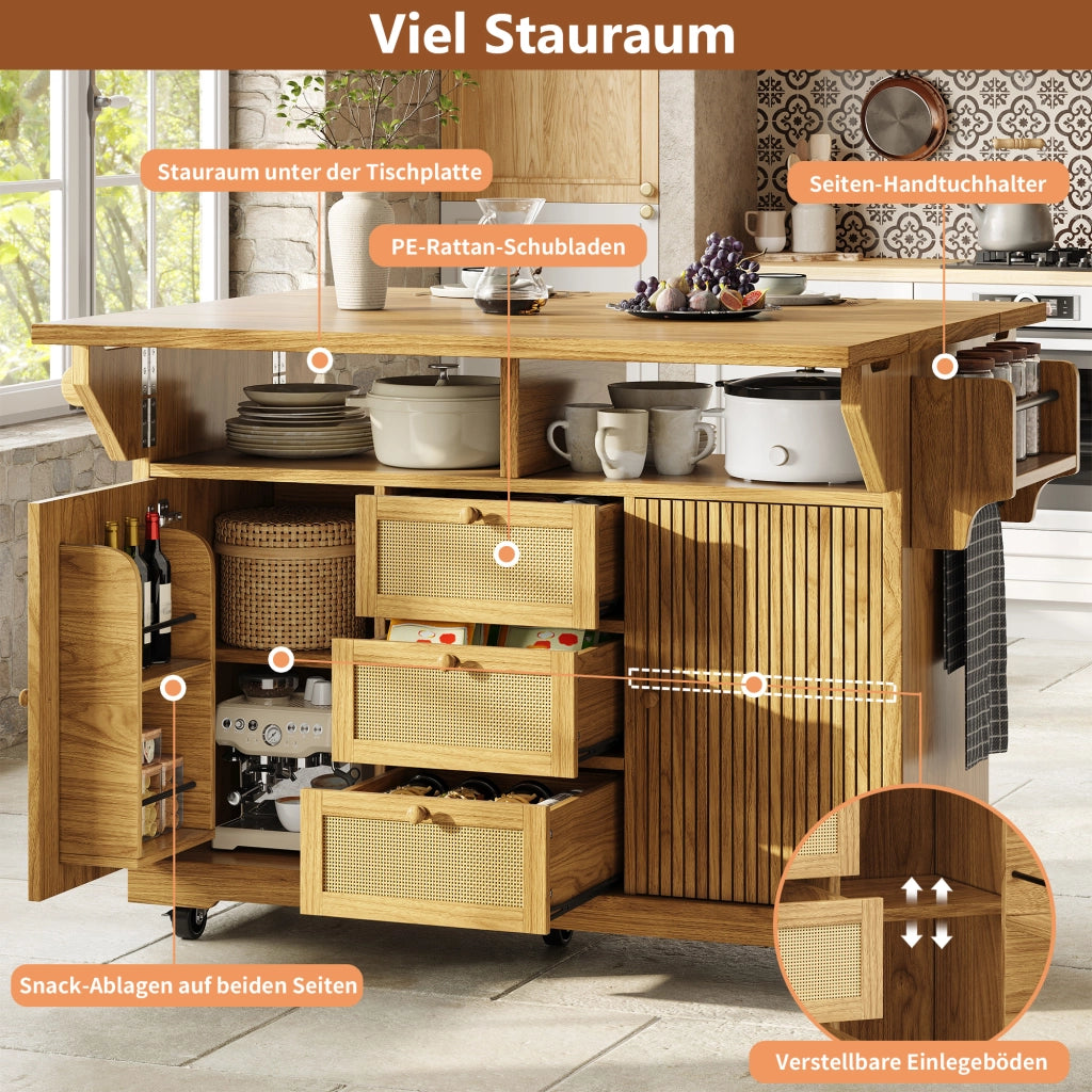 CARRELLO da Cucina Pieghevole 142,5x80x95 cm MDF Naturale con Cassetti in PE Rattan