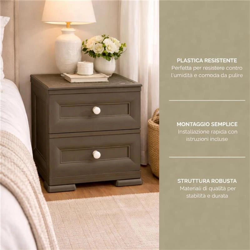 COMODINO 2 CASSETTI WENGÉ 40X43X46 CM – MOBILE COMPATTO SALVASPAZIO PER CAMERA DA LETTO E ZONA LIVING