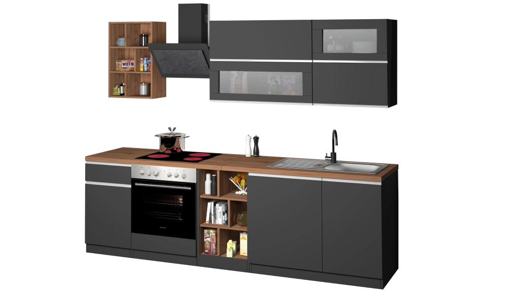 Cucina Lineare Moderna SOLE 256 cm – Antracite/Rovere, Soft Close, Made in Italy
