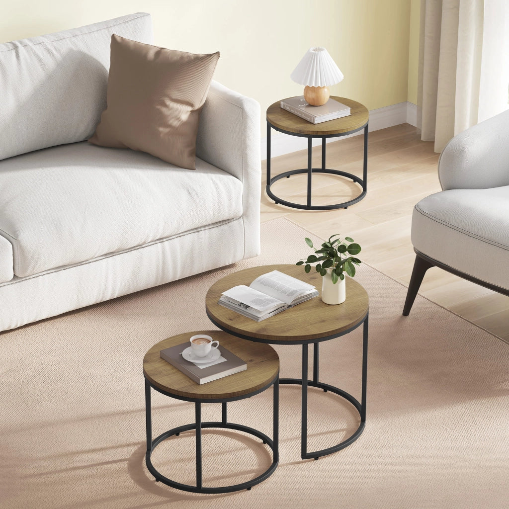 Set di tavolini rotondi VALORA - Stile industriale, gambe in rovere/nero x2