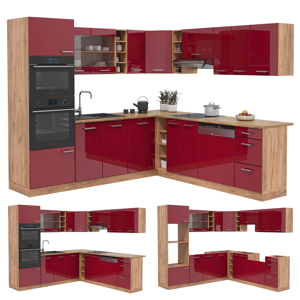 Cucina angolare completa R-Line Rosso lucido/Rovere dorato 247 x 237 cm, PL Antracite Vicco