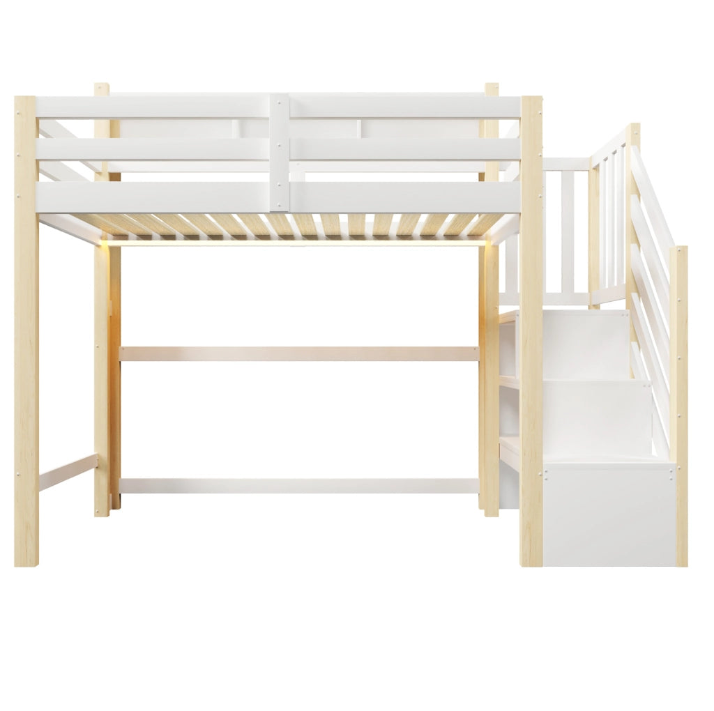 Letto a soppalco 90x200 cm con LED, scala contenitiva e vani aperti