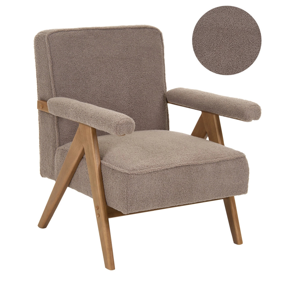Poltrona con rivestimento in tessuto boucle beige Evje Design Retrò Struttura in legno Braccioli Soggiorno