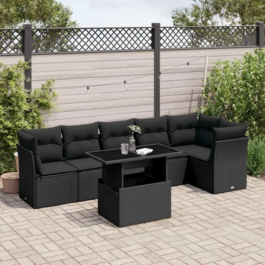 Set Divani da Giardino con Cuscini 7pz Nero Polyrattan
