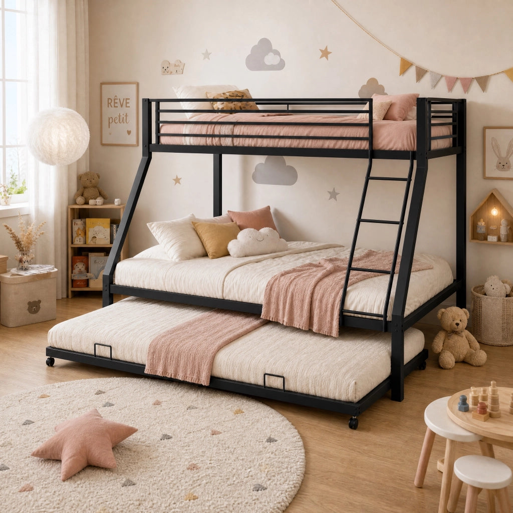 Letto a castello 90×200 cm e 140×200 cm con letto estraibile 90×190 cm; scala e barriera; senza materasso