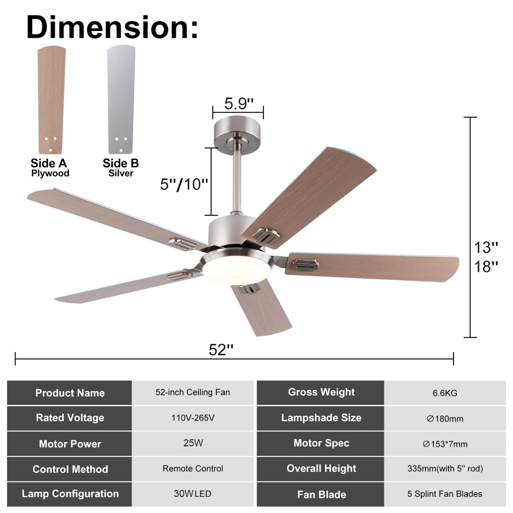 Ventilatore da soffitto con luce LED dimmerabile e telecomando; 6 velocità; nichel