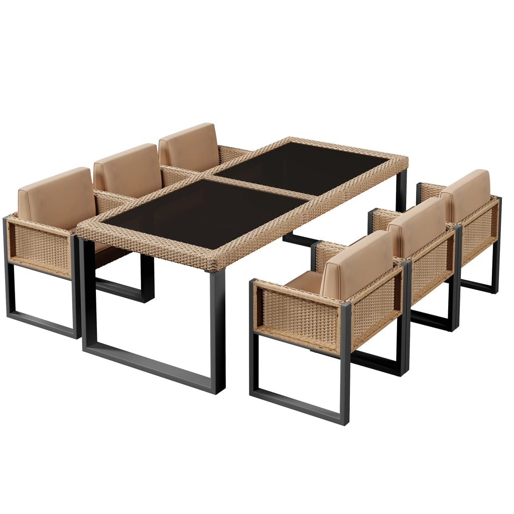 OKWISH Set da 7 Tavolo e 6 Sedie da Giardino per 6 Persone, Cuscini con Rivestimento Sfoderabile, Rattan e Tessuto Nero Marrone