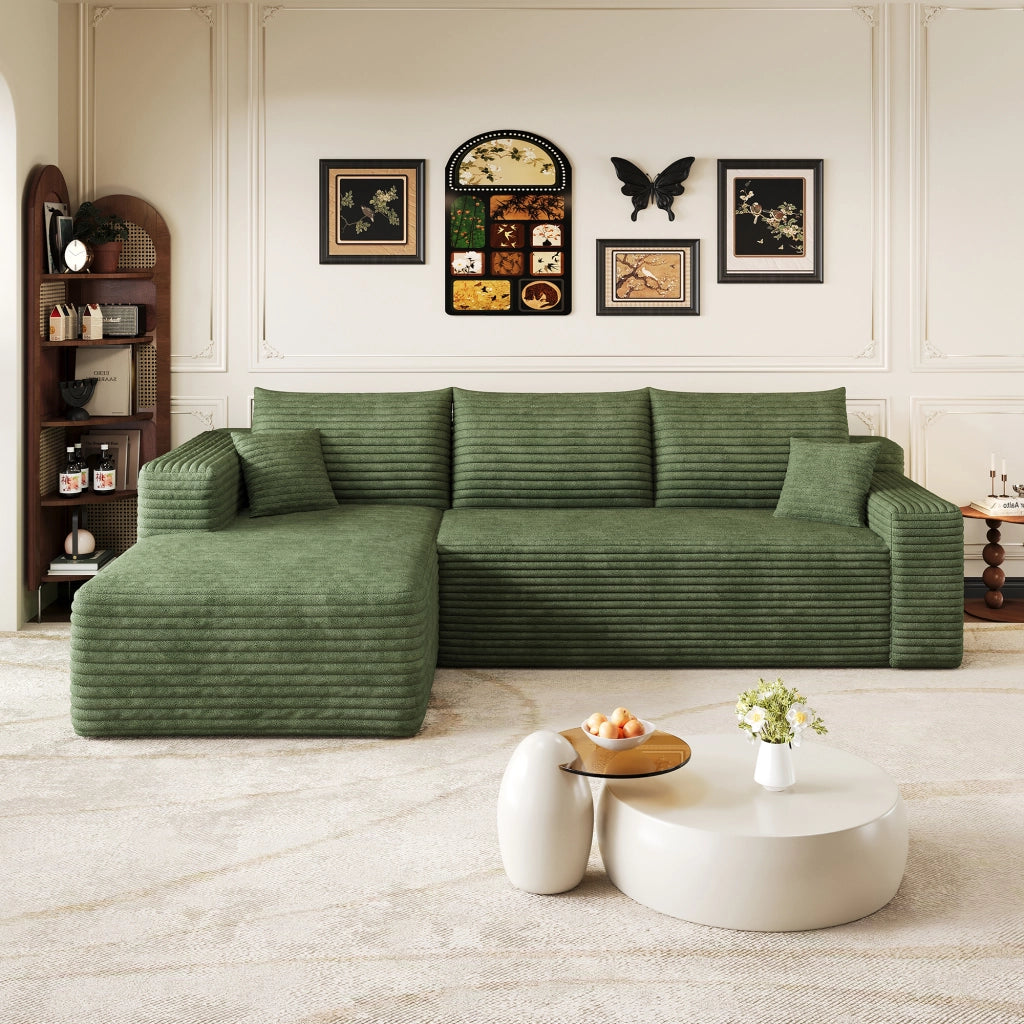 Divano angolare in tessuto con schiuma elastica e linee fluide senza montaggio verde 241 × 151 × 58 cm