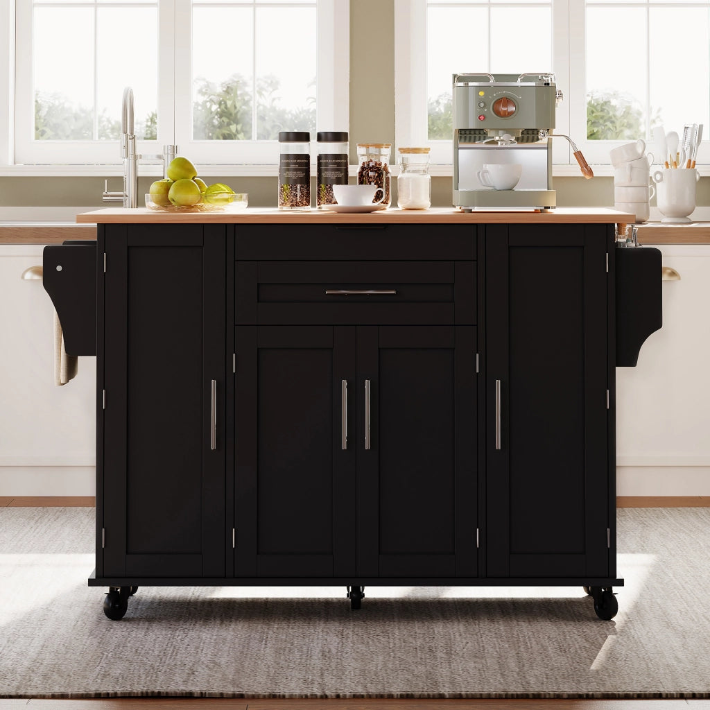 Carrello da Cucina Nero 136x70x92 cm con Piano Ribaltabile; Ripiani Regolabili e Portasciugamani