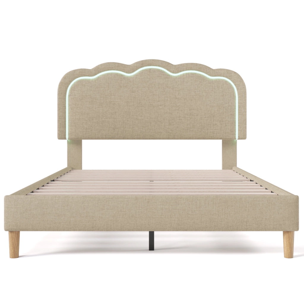 Letto Matrimoniale 140×200 cm con Testiera Regolabile e LED; senza Materasso; in Lino; Beige