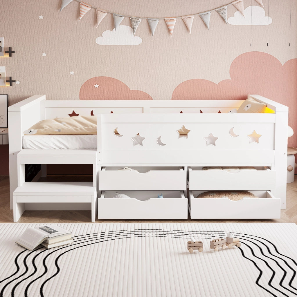 Letto singolo per bambini 90x200 cm con sponde; 4 cassetti; LED e lavagna; bianco