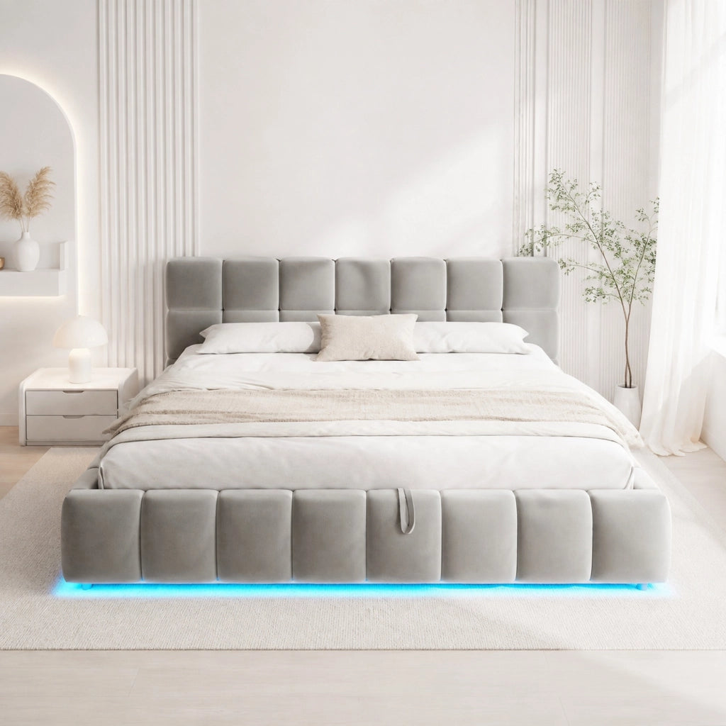 Letto matrimoniale imbottito 180x200 cm con LED e contenitore