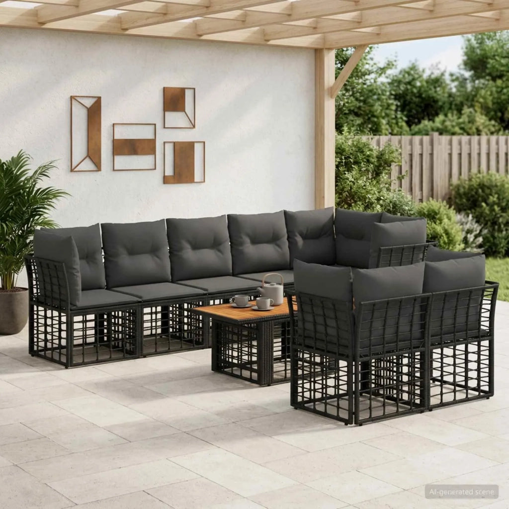 Set Divano da Giardino 9 pz Nero e Grigio scuro polyrattan 3437885