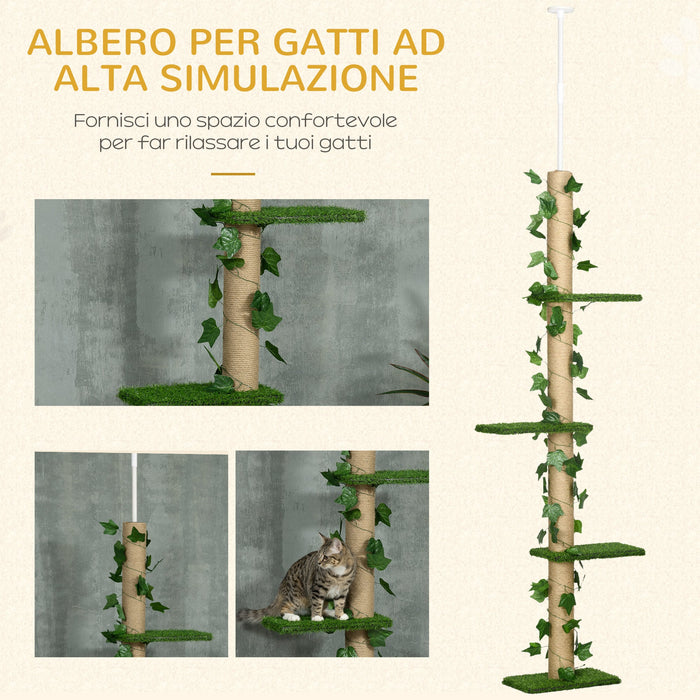 Albero Tiragraffi per Gatti Asta Regolabile a Soffitto Alto 202-242 cm Verde