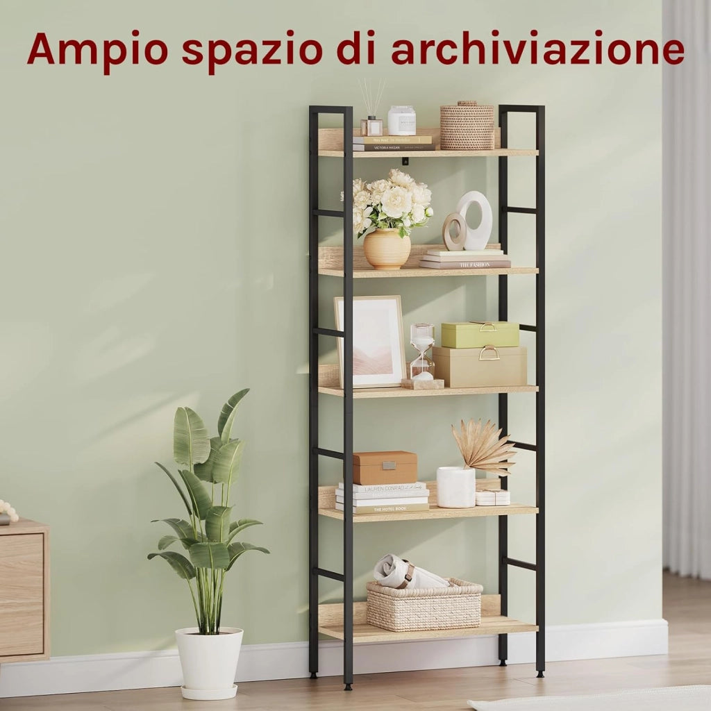 Libreria Scaffale a 5 Livelli, Libreria Verticale Struttura in Metallo per Soggiorno/Camera da Letto/Studio, 60x27,5x160cm, Bianco + Rovere chiaro