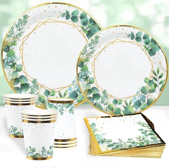 Piatti di Carta Verde - Salvia Verde - Set 96 Pezzi - Oro - Doccia per Bambini - Festa d'Addio - Set di Piatti Jungle Safari