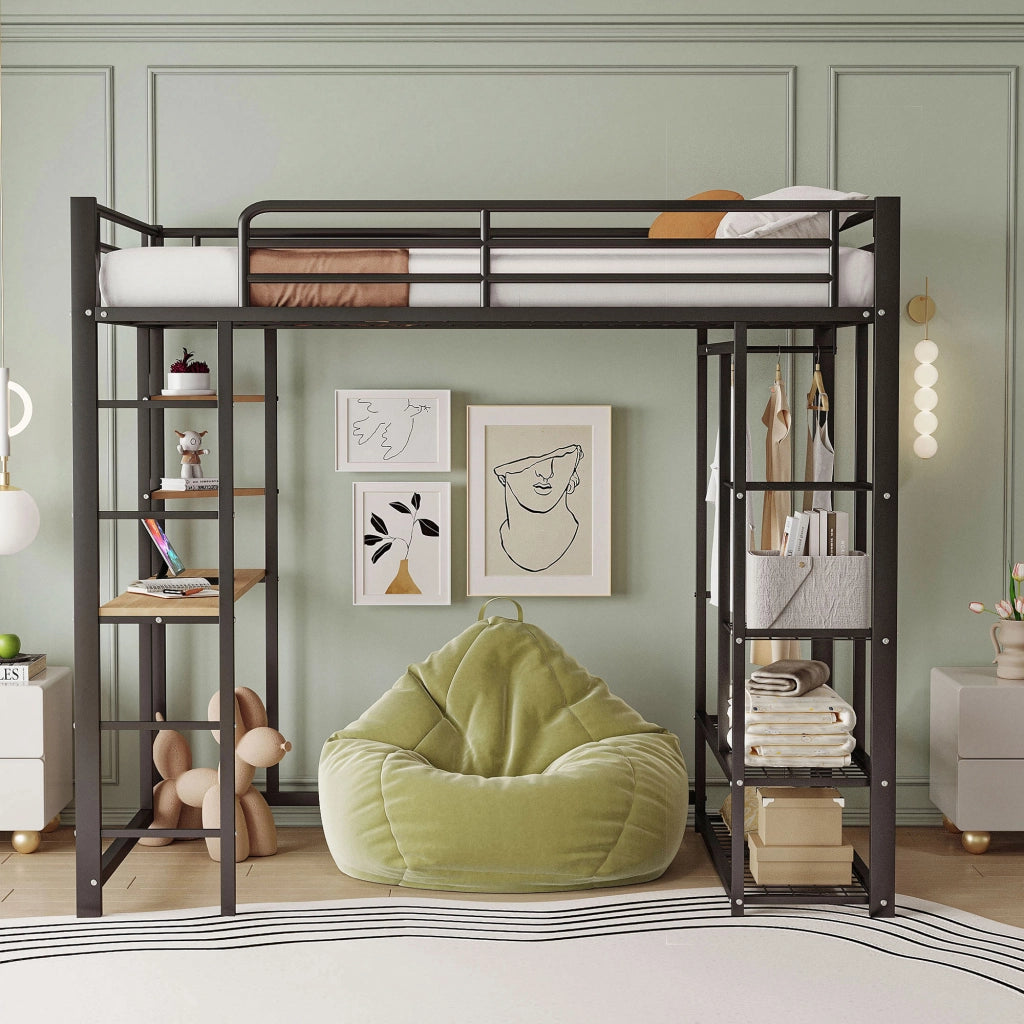 Letto a castello singolo nero con funzione di scrivania e contenitori in metallo 90x200 cm