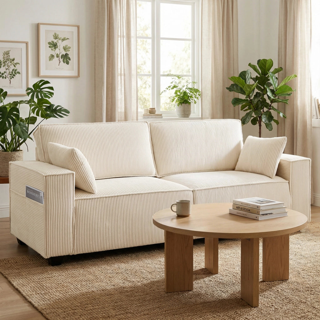 Divano 3 Posti in Velluto ¨C Zephmum ¨C 218x98x90 cm, Beige, Cuscini a Molle