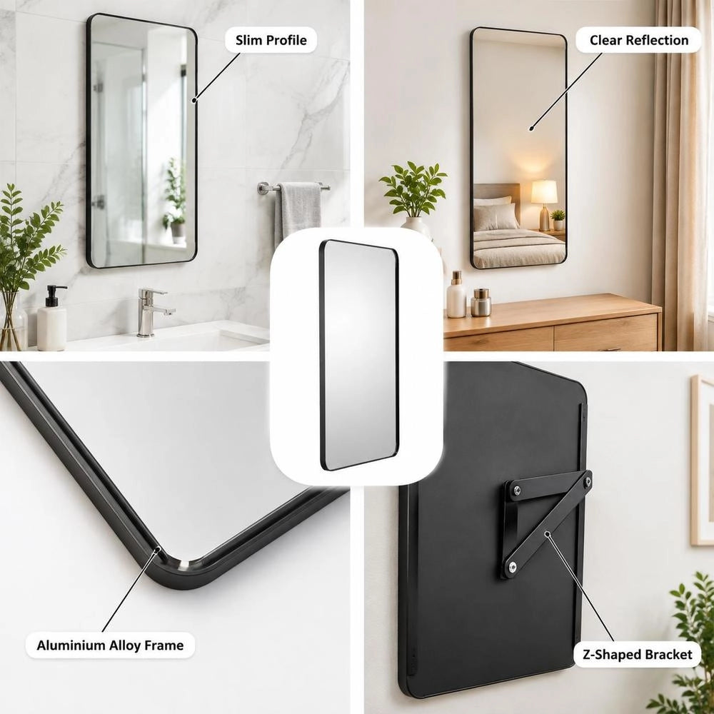 Wall Mirror, Vanity Mirror, Bathroom Mirror, 915 X 610 X 25 Mm Rectangular Mirror, Black Aluminum Alloy Frame With Z-shaped Bracket For Bathroom, Bedroom, Living Room