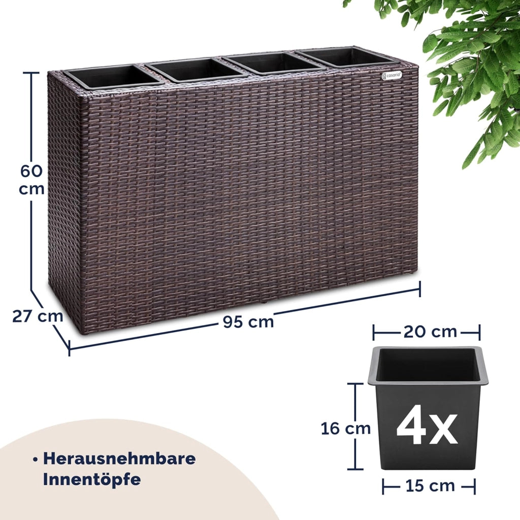 Fioriera Rettangolare 95x27x60 cm con 4 Vasi Interni in Polyrattan con Sistema di Drenaggio Fioriere Porta Vaso da Fiori Piante Divisorio Giardino Balcone Terrazza Marrone