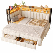 Letto a Divanetto 90x200 cm; USB e Type-C; LED Regolabile; 2 Cassetti; in Velluto; Beige