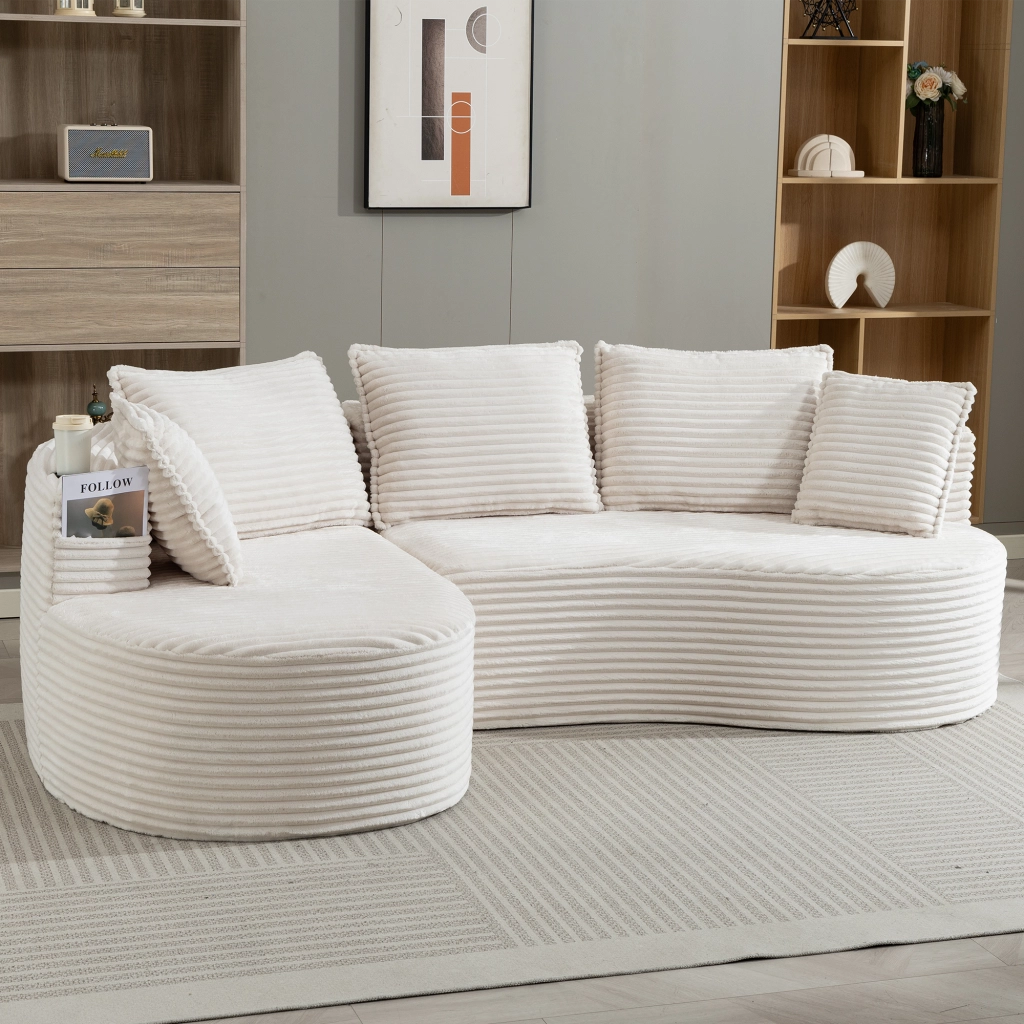 DIVANO ad arco 250x152x82 cm in velluto beige con portabevande e tasca laterale
