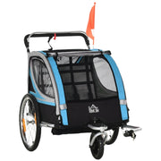 Rimorchio bici per bambini 2 in 1 blu con funzione passeggino, cintura a 5 punti e ruote da 20 pollici