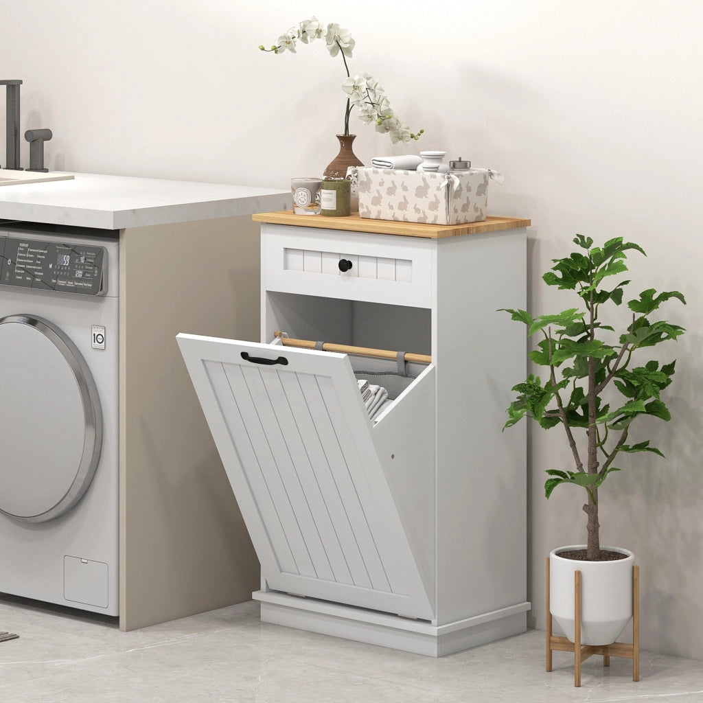 Mobiletto da Bagno Portabiancheria Cesto a Ribalta e Cassetto 52x33x90 cm Bianco