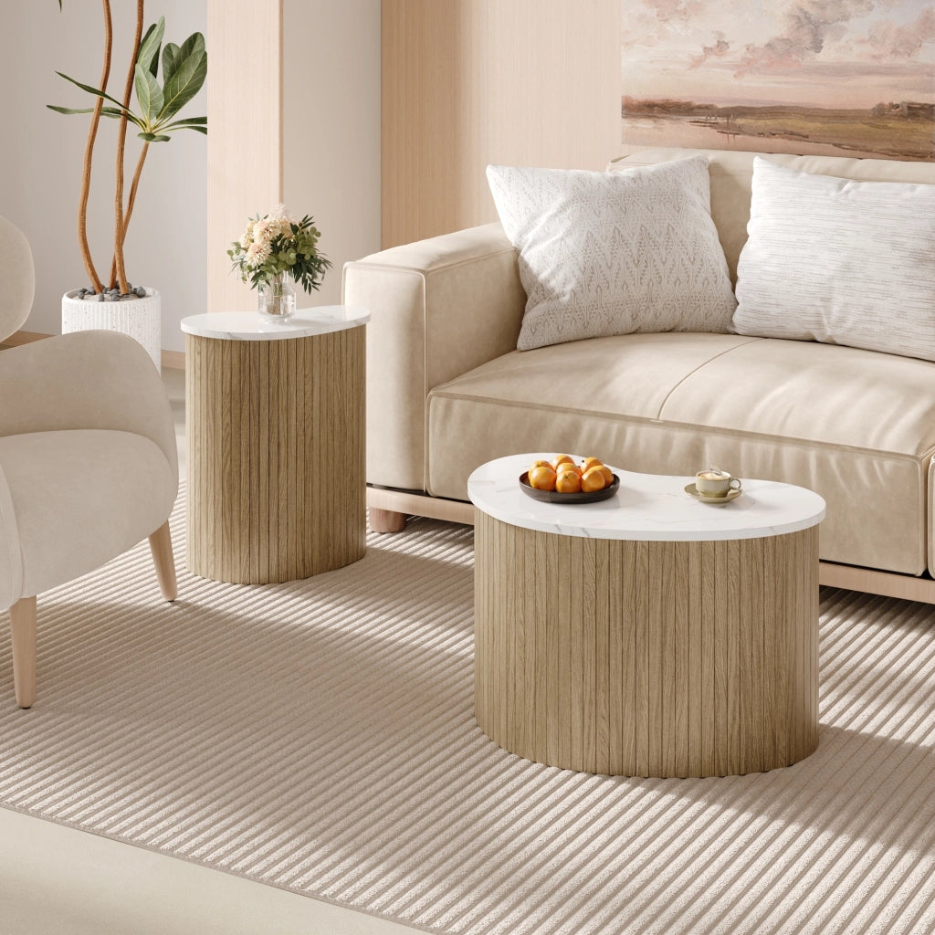 Set di 2 tavolini da caffè curvi in MDF naturale e bianco