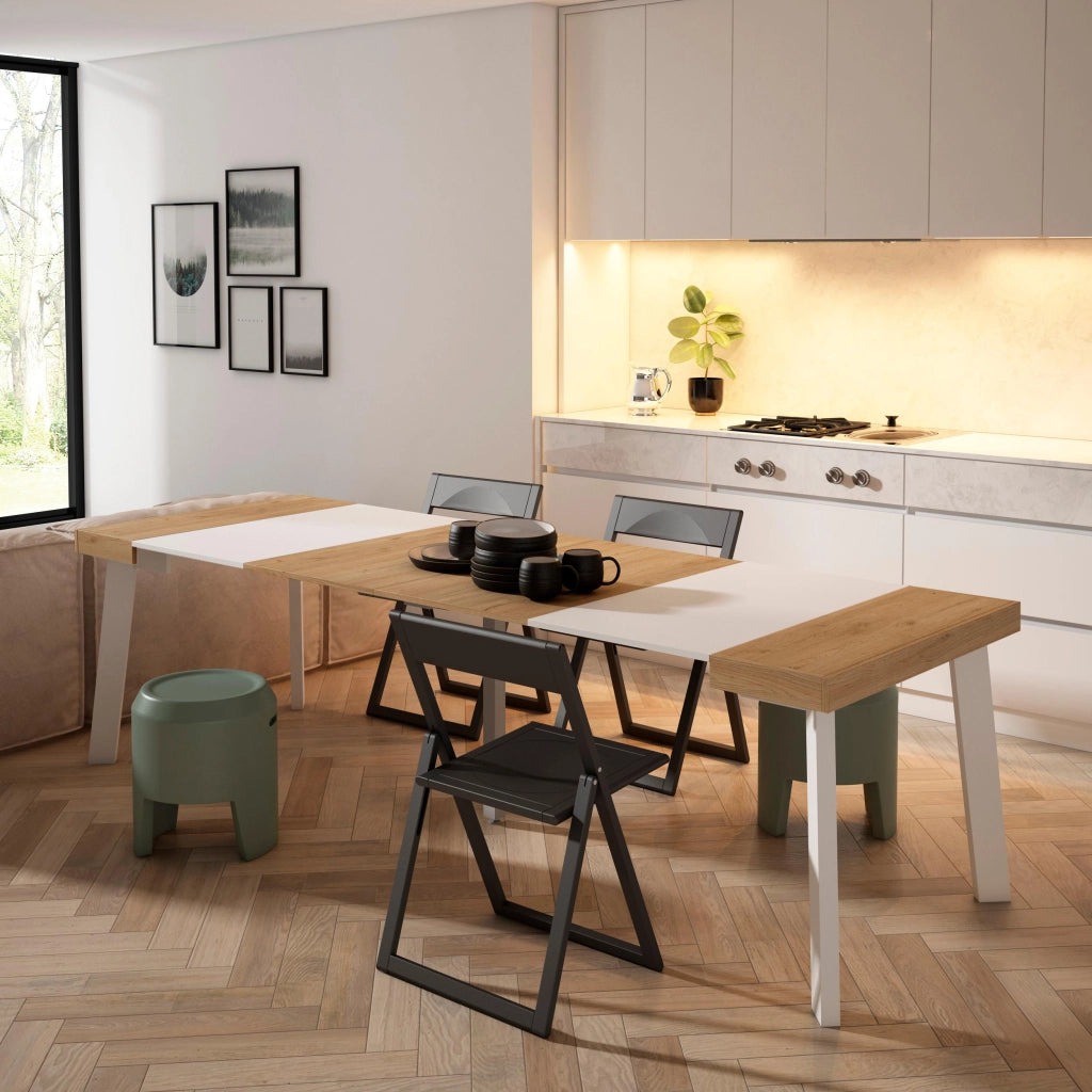 Consolle allungabile, 262x90x73cm, Per 12 persone, Gambe in legno, colore Rovere e bianco RF3114