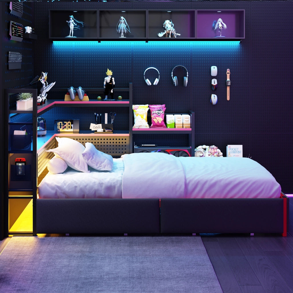 Letto con Cassetti e LED in Metallo ¨C MINIMAL ¨C Nero, con Rete, USB e Pannello Forato