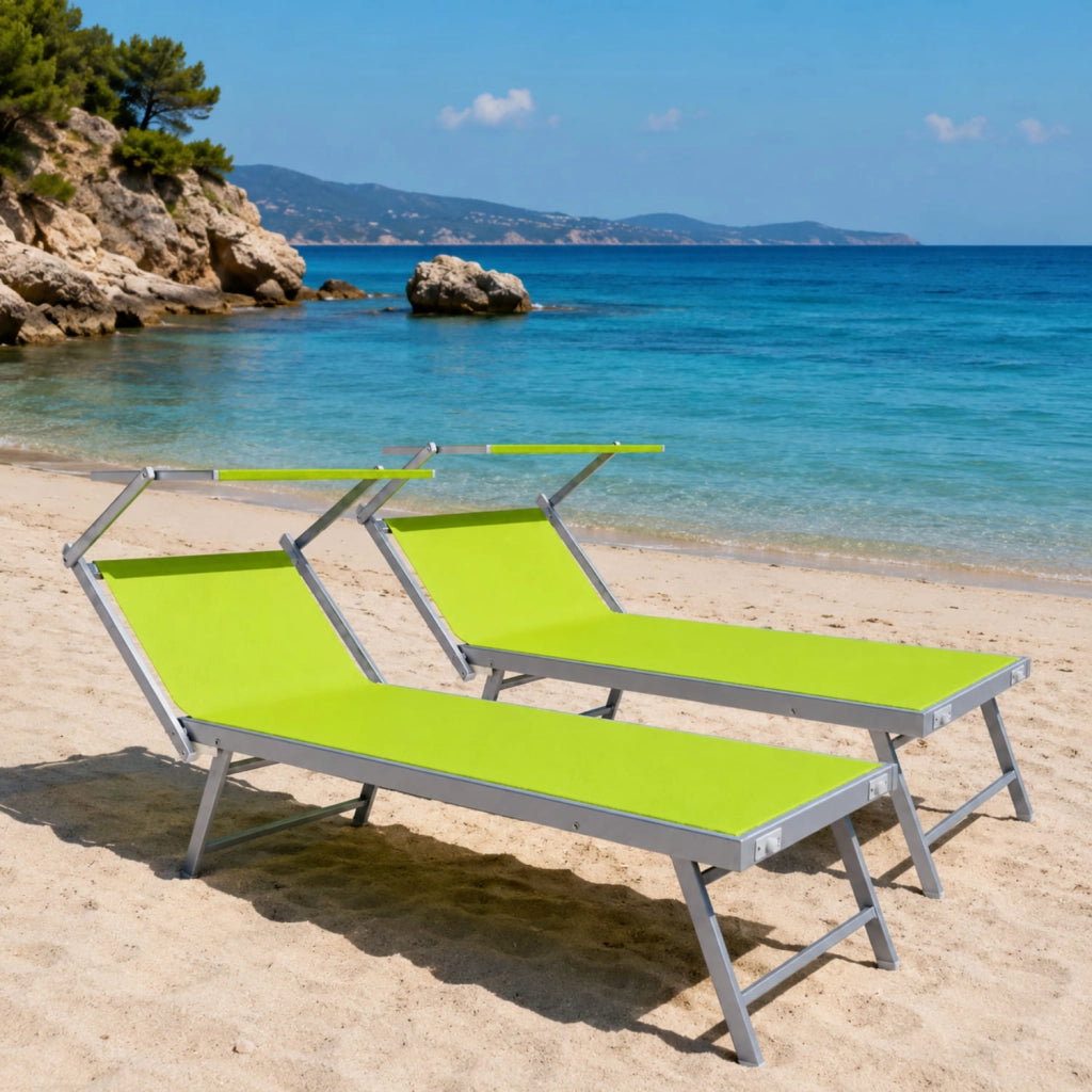 Set Da 2 Lettini Prendisole Pieghevole Professionale In Alluminio Con Tettino Parasole Tettuccio Orientabile Mare Spiaggia Piscina Giardino 182 X 60 X 38 Cm Verde Fluo