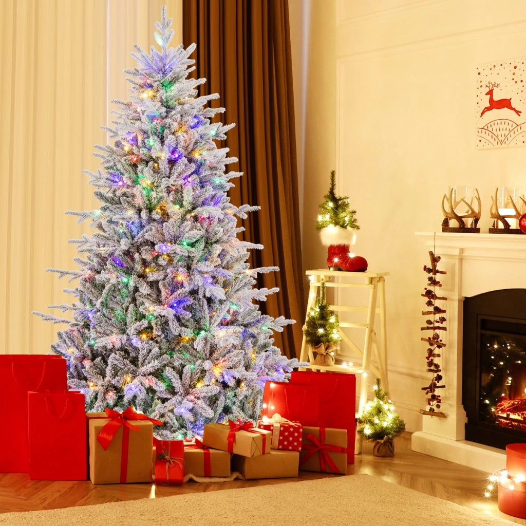 Albero di natale artificiale rivestito di neve di 218cm, Albero decorativo con cerniera e 8 modalit¨¤ luminose-Alberi di Natale
