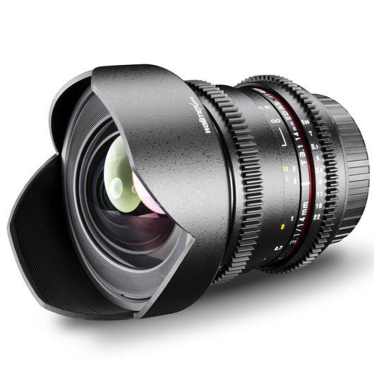 Walimex Pro 14mm 1:3.1 obiettivo VDSLR per foto e video (incluso paraluce fisso, IF, ghiera ingranaggi, apertura e messa a fuoco continua, grandangolo) per obiettivo Nikon F baionetta nera